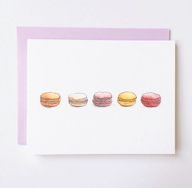 Adorable greeting card featuring five watercolor macaroons and a matching pink envelope | Salt Air Supply